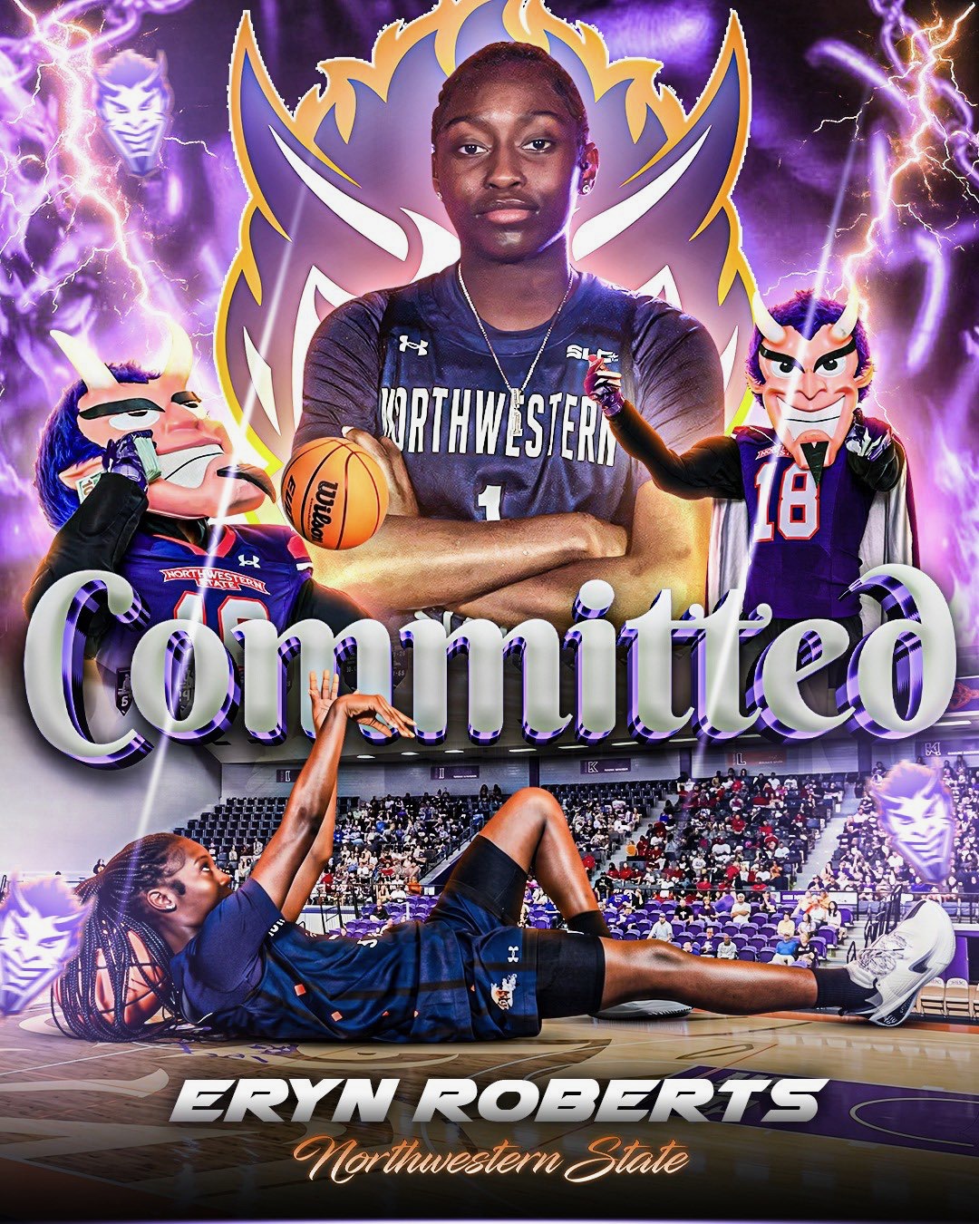 Eryn Roberts basketball commitment graphic for Northwestern State