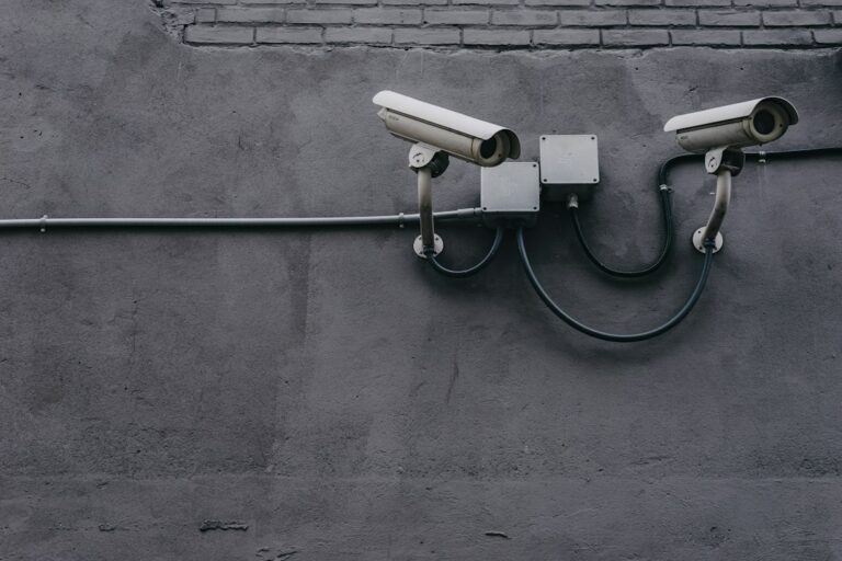 Surveillance cameras mounted on a building