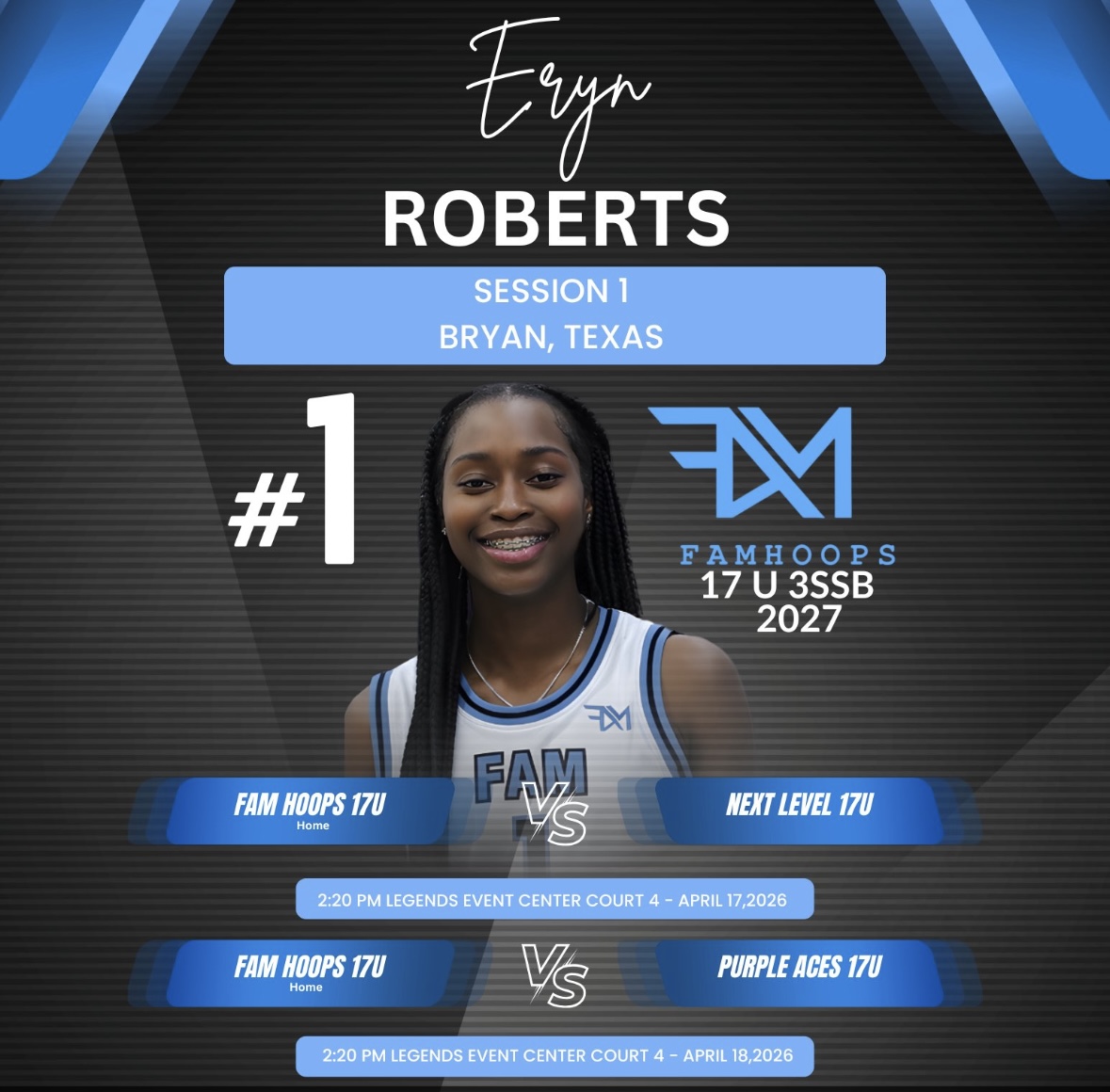 Eryn Roberts basketball player graphic in blue and black for FAM Hoops 17U